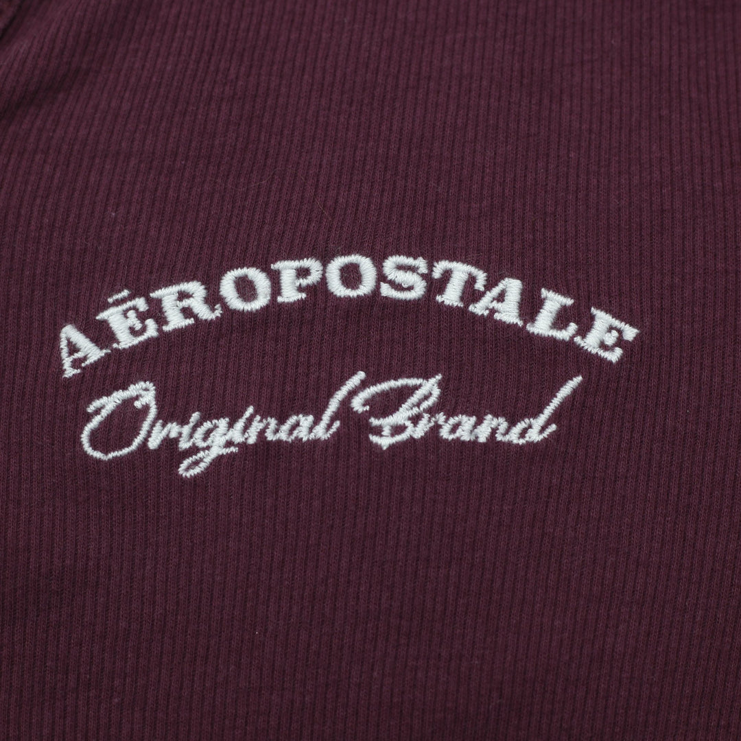 Y2K Ladies Aéropostale Maroon Long Sleeve Notch Neck Ribbed Top Size L