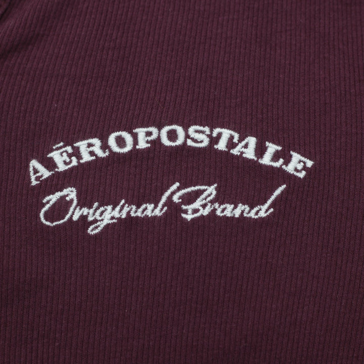 Y2K Ladies Aéropostale Maroon Long Sleeve Notch Neck Ribbed Top Size L