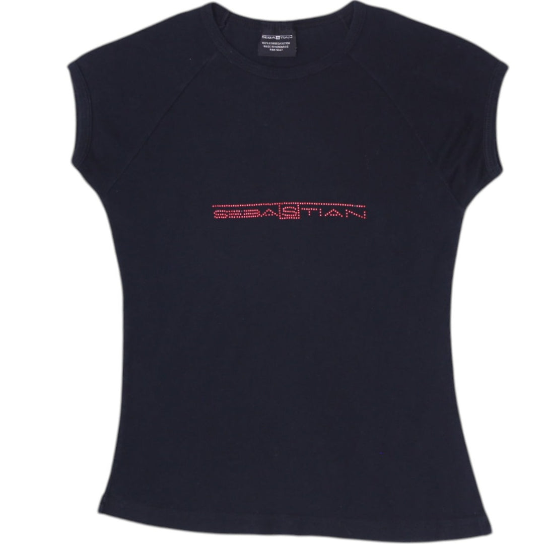 Y2K Sebastian Professional Black Rhinestone Cap Sleeve Baby Tee Top