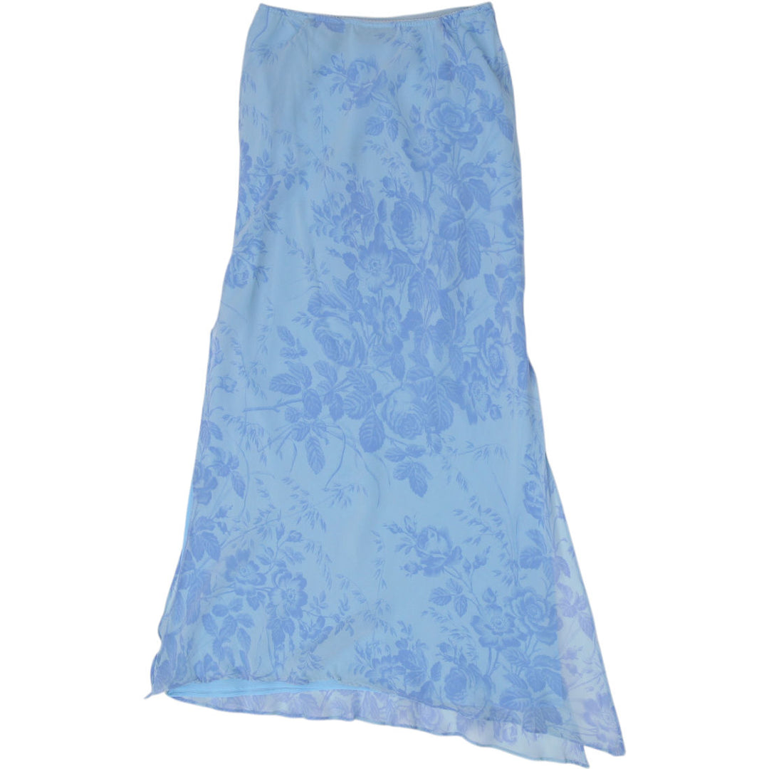Y2K Ladies Express Silk Floral Maxi Skirt Blue Chiffon Slit Size XS