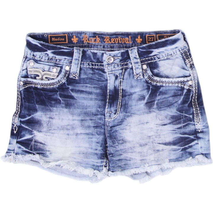 Y2K Ladies Rock Revival Nadine Denim Shorts Blue Distressed Mid Rise