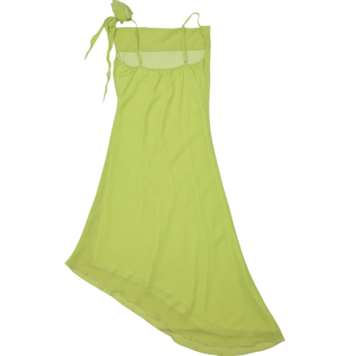 Y2K Ladies Pretty Women Rosette Asymmetric Chiffon Midi Dress Size 40
