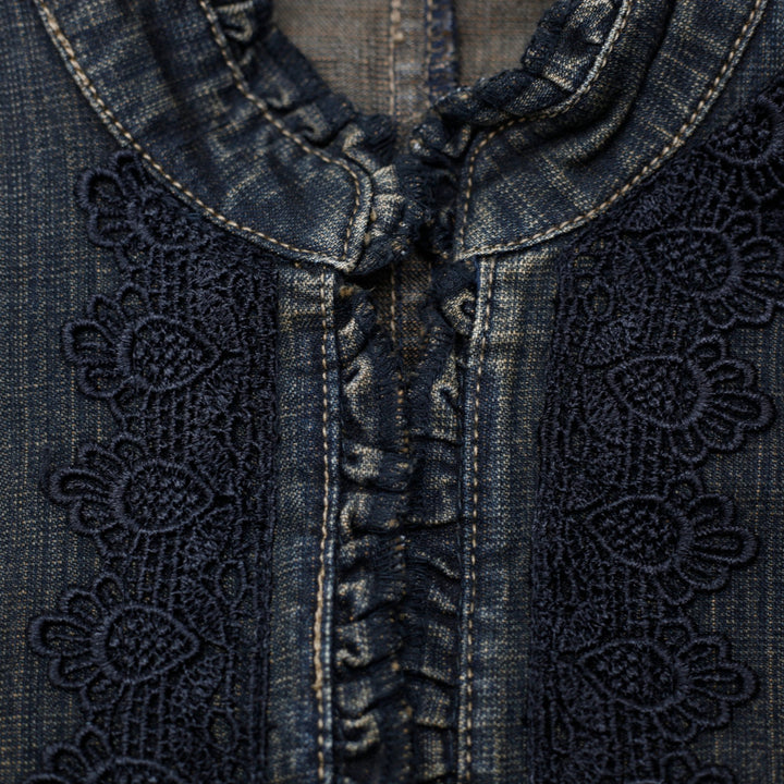 Y2K Ladies Simon Chang Lace-Trimmed Mandarin Denim Jacket Size 6