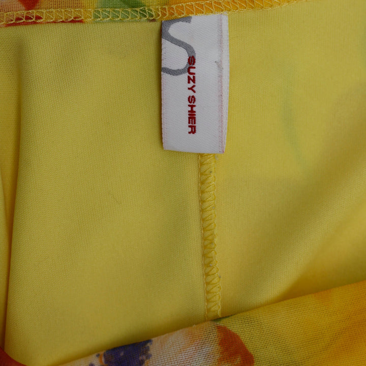 Y2K Ladies Suzy Shier Suzy Shier Tropical Hibiscus Mesh Overlay Dress Yellow S
