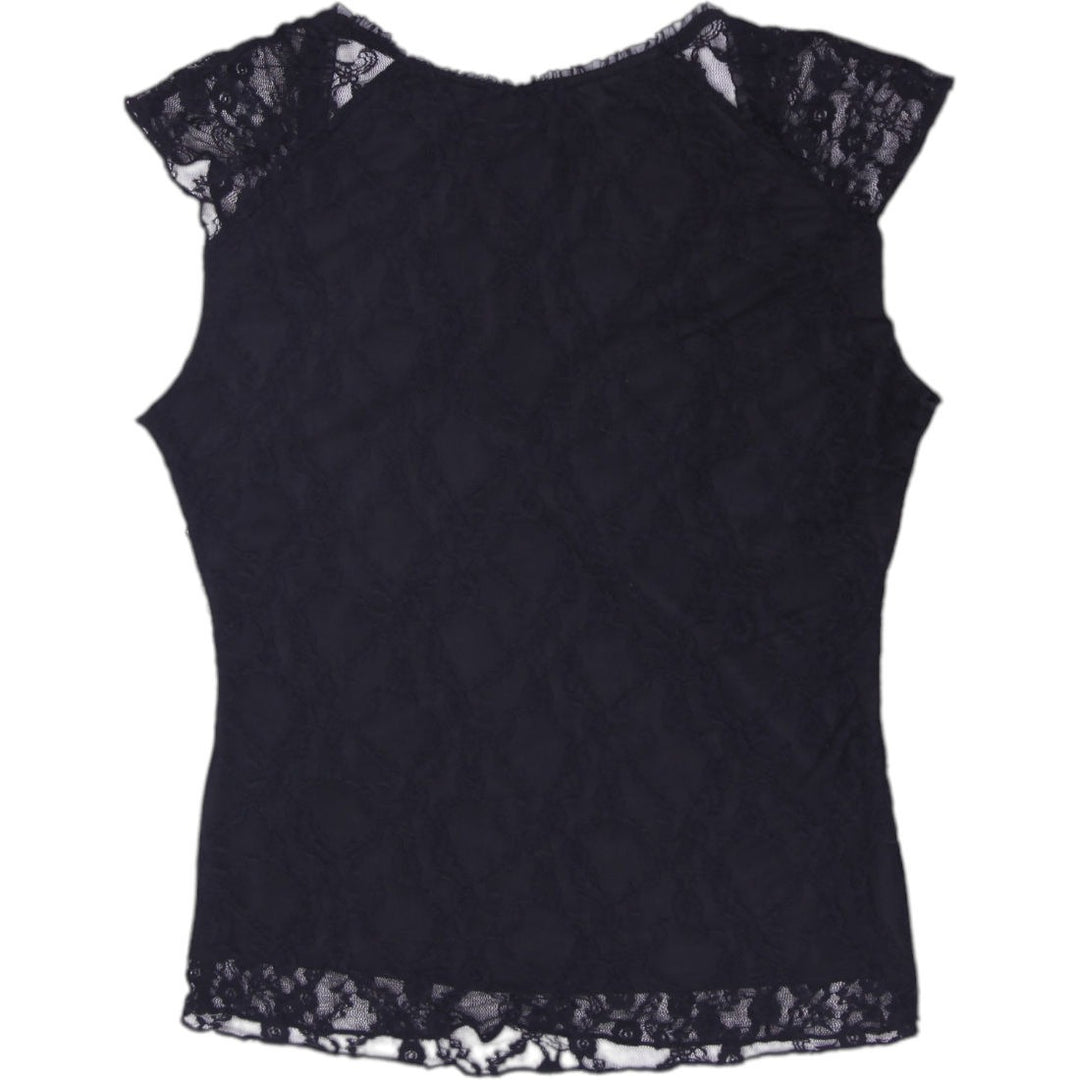 Y2K Ladies Lace Top Black Short Sleeve Bow Size S
