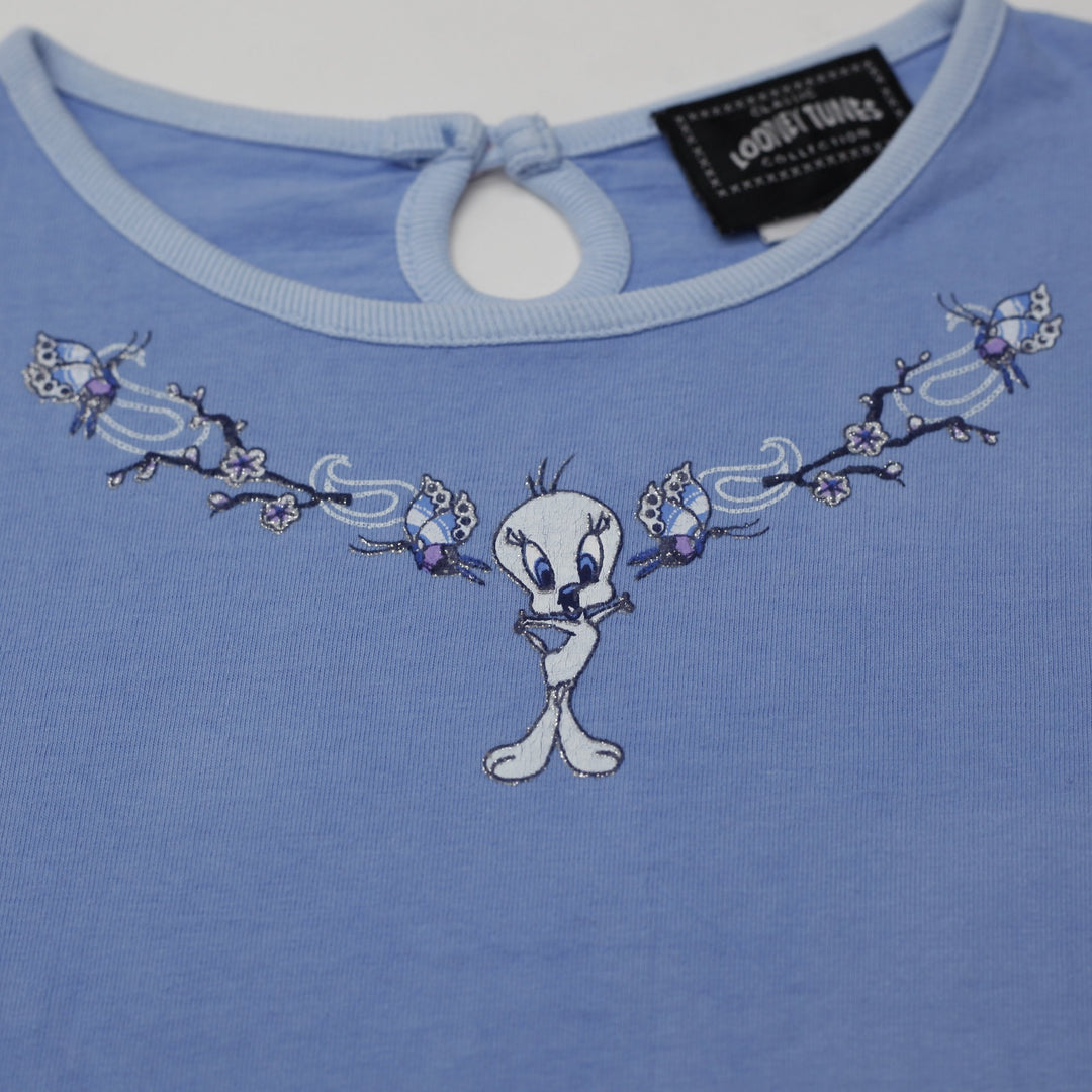 Y2K Ladies Looney Tunes Tweety Vintage-Style Light Blue Embroidered Baby Tee