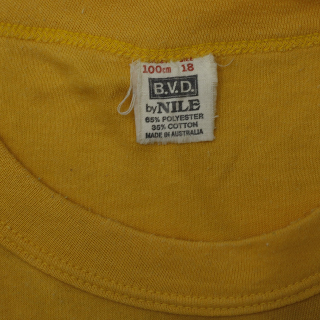 Vintage BVD T-Shirt Yellow Graphic Ken Maynard Beer Print Size 18 | Migration_T-Shirts - Back View | Fashion Rerun