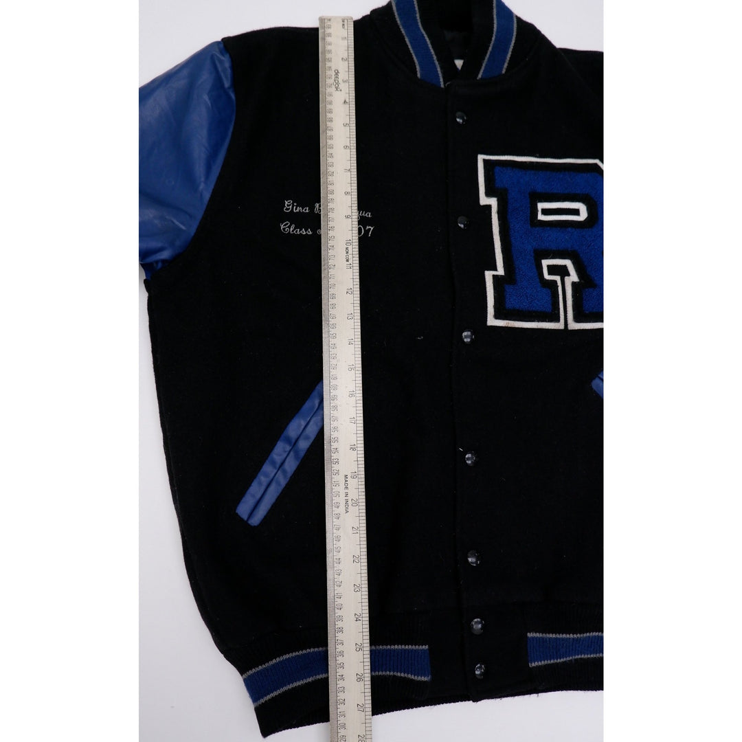 Vintage Mens Neff Varsity Jacket Black Blue Leather Sleeve R Embroidery | Migration_Jackets - View 10 | Fashion Rerun