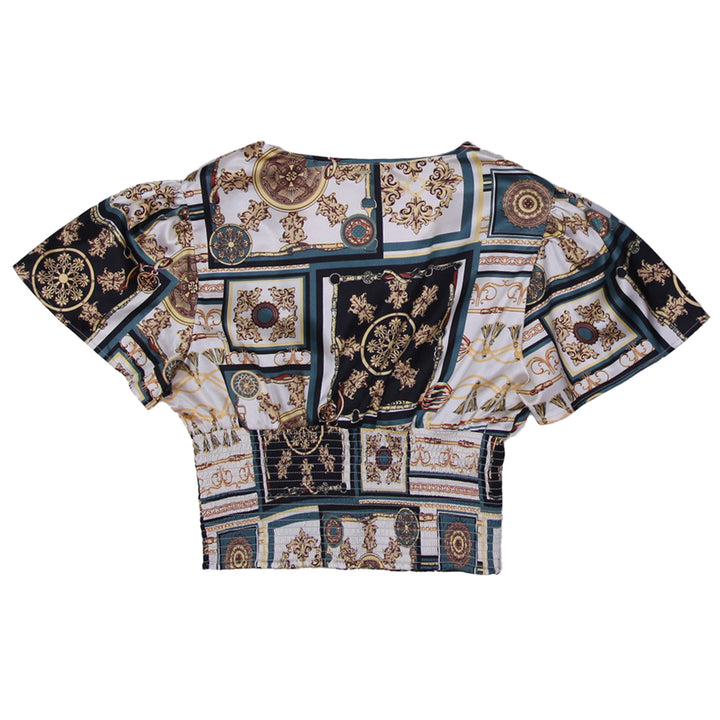 Ladies Guess Crop Top V-Neck Satin Baroque Print Shirred Blouse