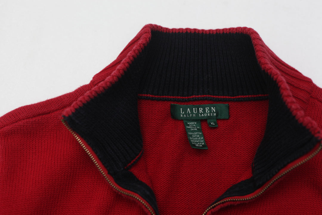 Ralph Lauren XL VINTAGE 1967 Polo Crest Sweater Red 1/4 Zip Mock Neck Women