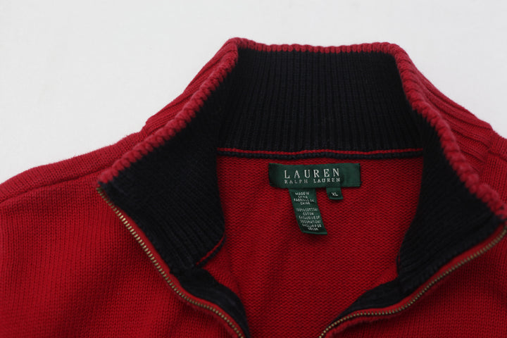 Ralph Lauren XL VINTAGE 1967 Polo Crest Sweater Red 1/4 Zip Mock Neck Women