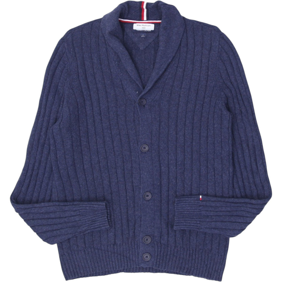 Men’s navy blue cardigan featuring ribbed shawl collar and cozy knitwear design