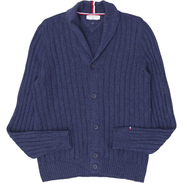 Men’s navy blue cardigan featuring ribbed shawl collar and cozy knitwear design