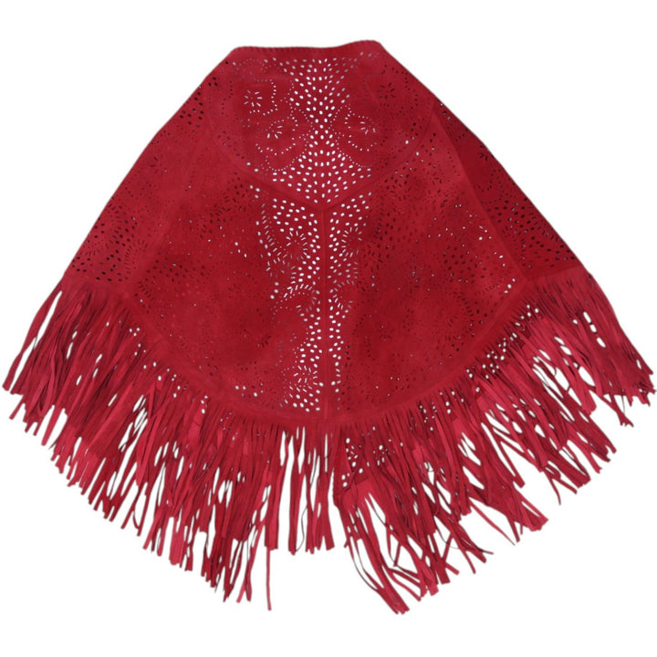 Vintage Ladies Red Faux Suede Laser Cut Fringed Triangle Shawl