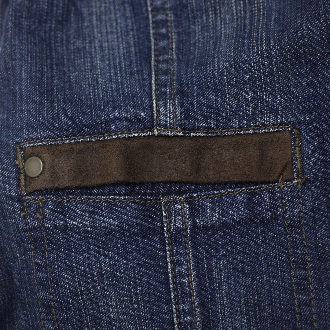 Y2K Ladies REVOLUTION Tailored Dark Wash Denim Waistcoat Vest Brown Trim EU 38