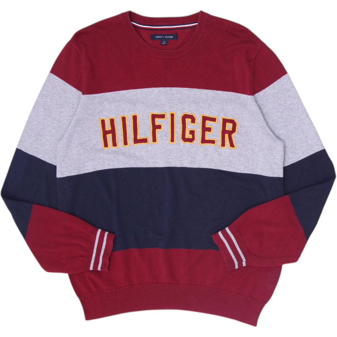 Mens Tommy Hilfiger Sweater Maroon Navy Colorblock Logo Crewneck Size L