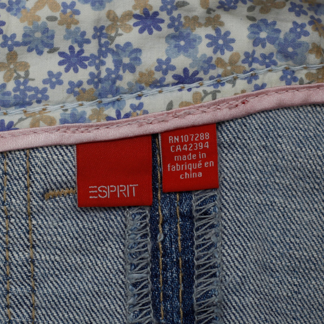 Y2K Ladies Esprit Denim Mini Skirt Floral Inner Trim Wash Patch Pockets A-Line