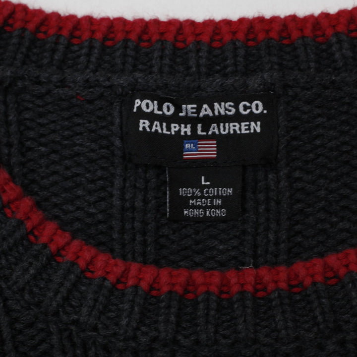 Vintage Ladies Polo Ralph Lauren American Flag Ribbed Knit Gray Sweater L