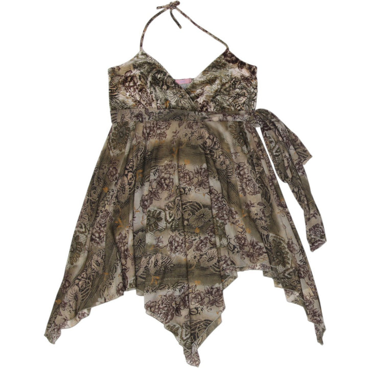 Y2K Ladies Floral Green Halter Boho Mini Dress Size XS