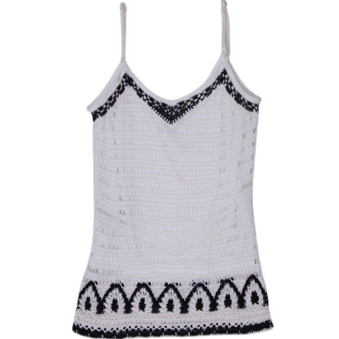 Y2K Ladies Crochet Tank Top White Black Sleeveless Size XL