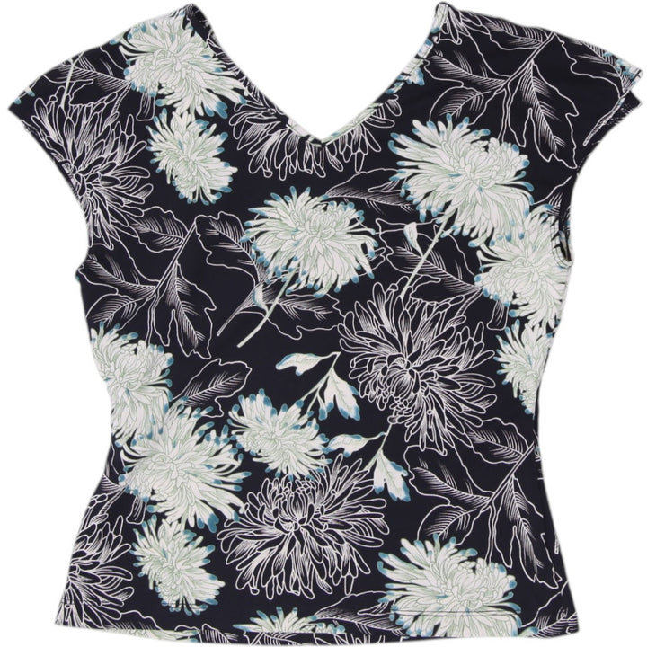 Y2K Ladies BCBG Paris Black Floral Chrysanthemum Cap Sleeve V-Neck Top Size M