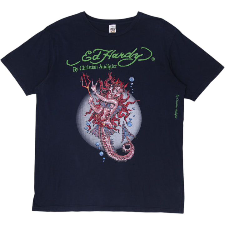 Y2K Mens Ed Hardy Mermaid Trident Rhinestone Archival Size XL