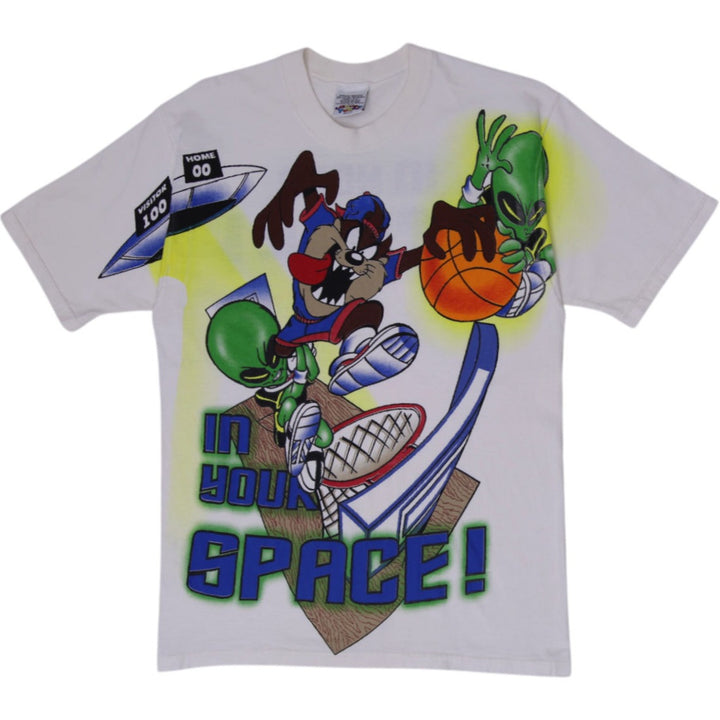Vintage 90s Looney Tunes Taz & Alien "In Your Space" Basketball T-Shirt Made In USA White M