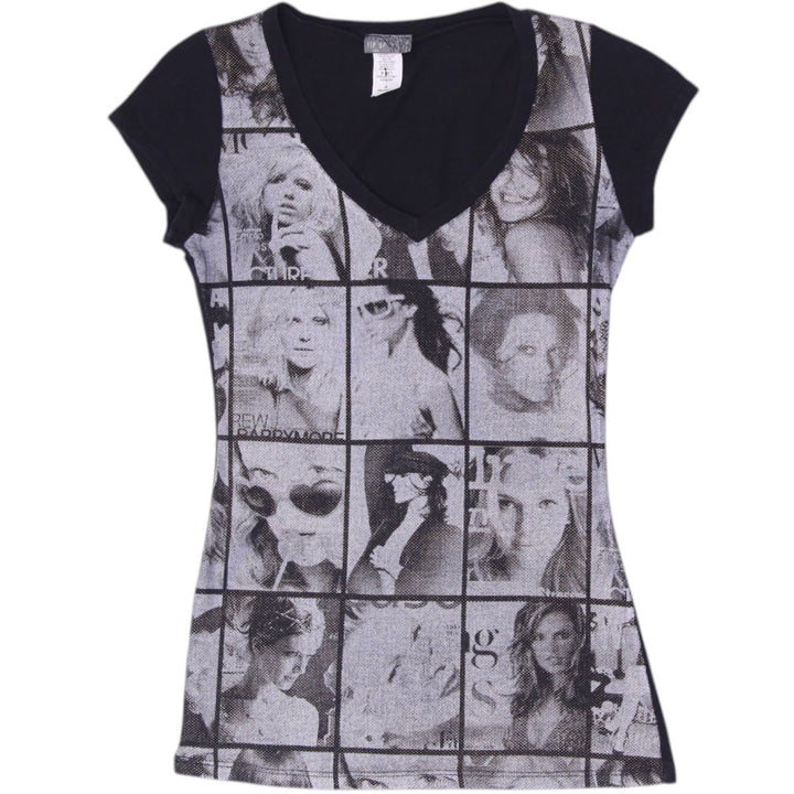 Y2K Ladies Pop Up USA Celebrity Photo Collage V-Neck Cap Sleeve Top M