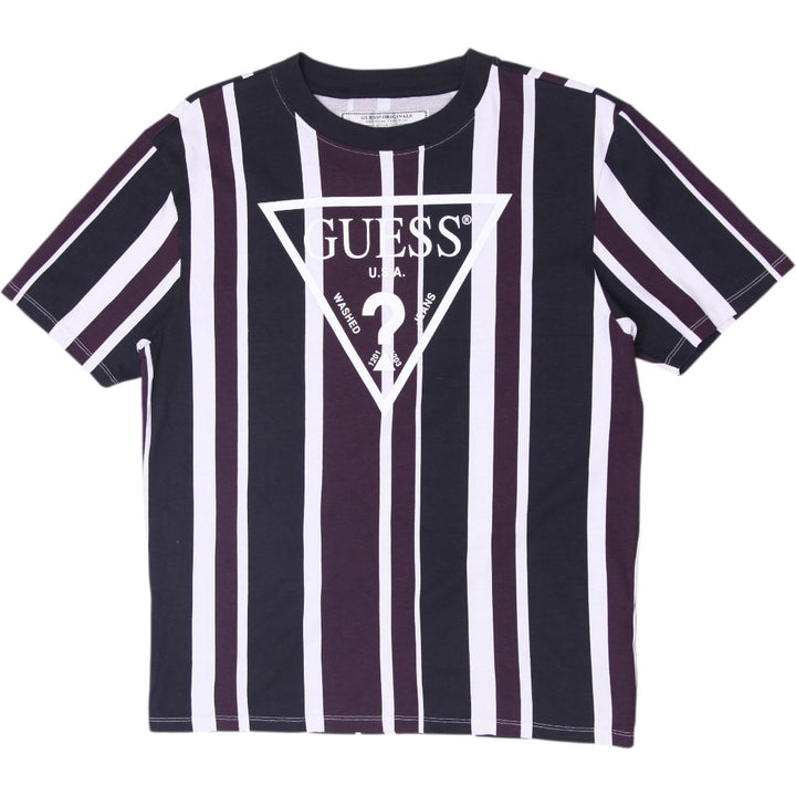 Mens Guess Vertical Striped Triangle Logo T-Shirt Size S