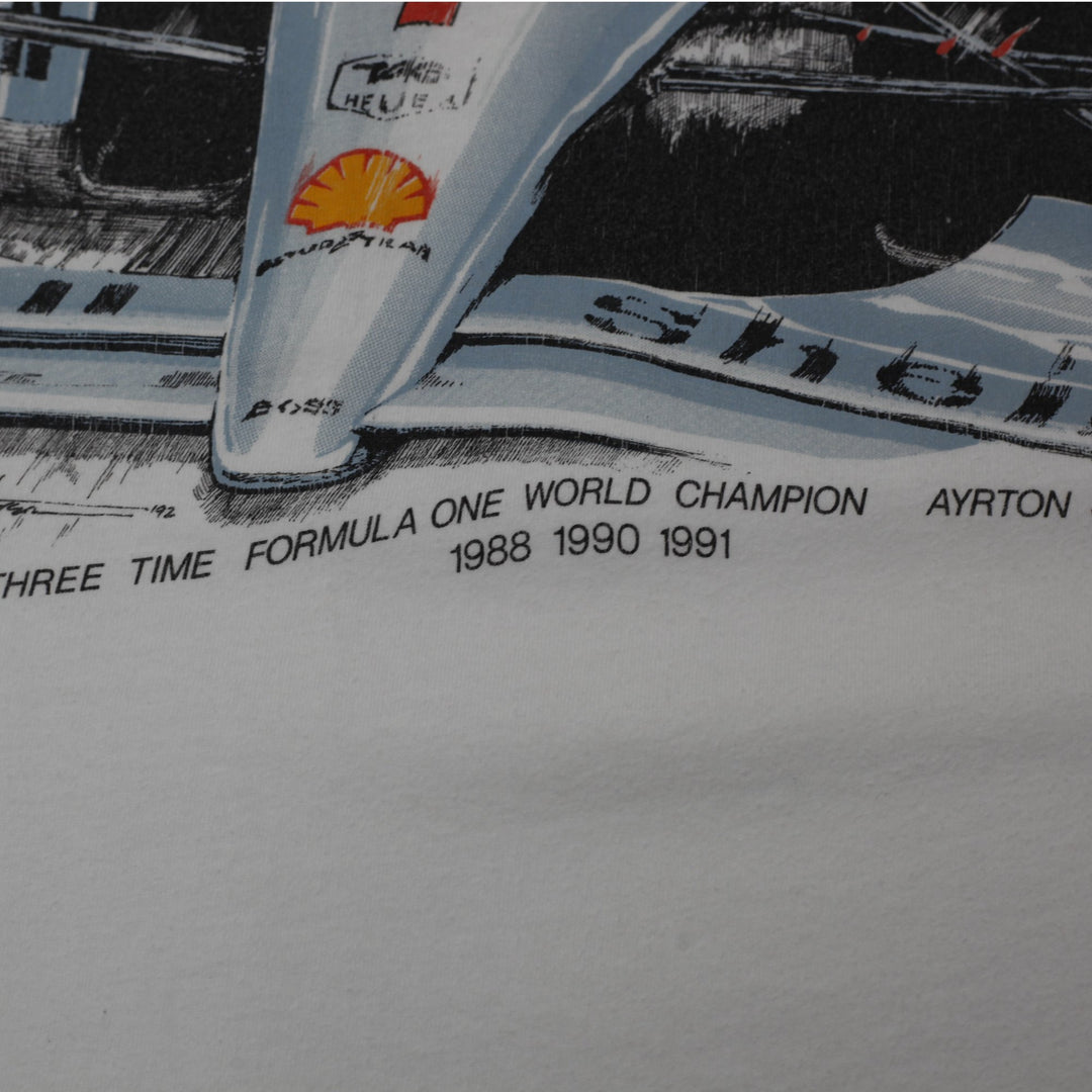 Vintage Mens Oneita Ayrton Senna T-Shirt White Graphic Racing Single Stitch L