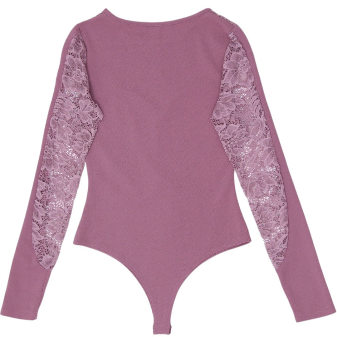 Y2K Ladies Charlotte Russe Sweetheart Sheer Lace Yoke Long-Sleeve Bodysuit Sz L