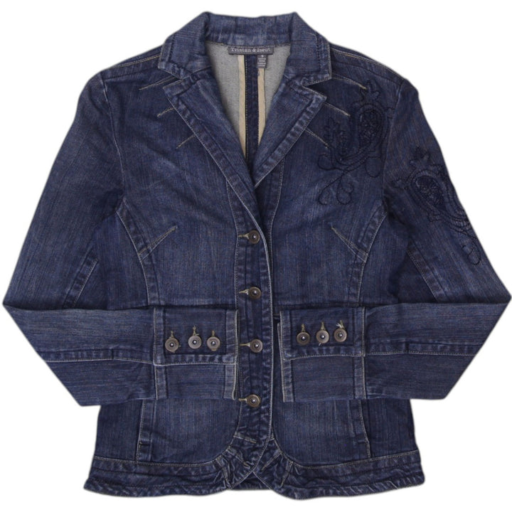 Y2K Ladies Blue Embroidered Buttons Fitted Denim Jacket Size S | Migration_Jackets | Fashion Rerun
