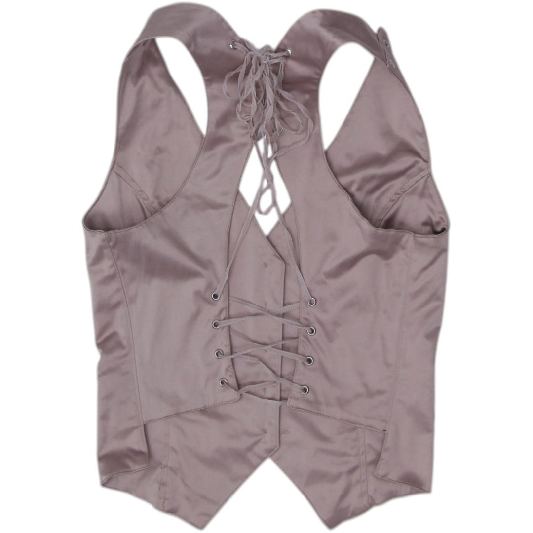 Y2K Ladies In Style Fashion Satin Halter Vest Top Taupe Champagne Lace Up Size L