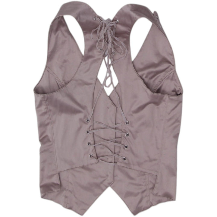 Y2K Ladies In Style Fashion Satin Halter Vest Top Taupe Champagne Lace Up Size L