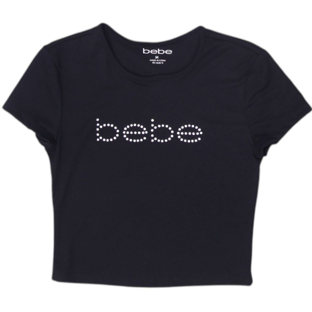 Y2K Ladies Bebe Rhinestone Logo Crop Top Size M | Migration_Y2K Tops | Fashion Rerun