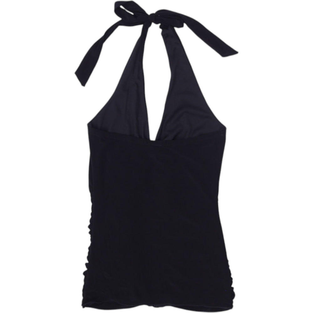 Y2K Ladies Black Ruched Sleeveless Halter Tank Top | Migration_Tops - Side View | Fashion Rerun