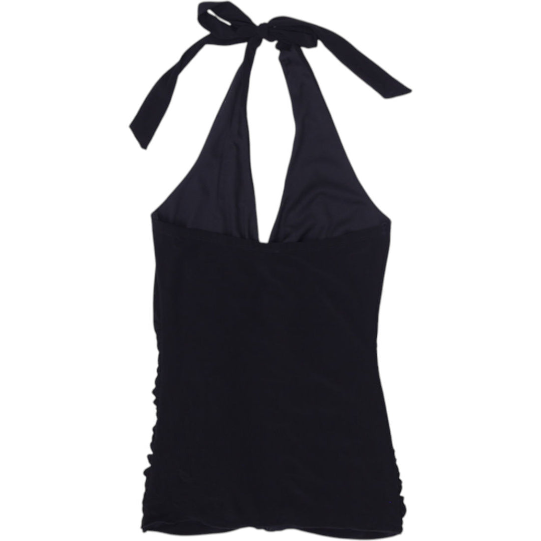 Y2K Ladies Black Ruched Sleeveless Halter Tank Top | Migration_Tops - Side View | Fashion Rerun