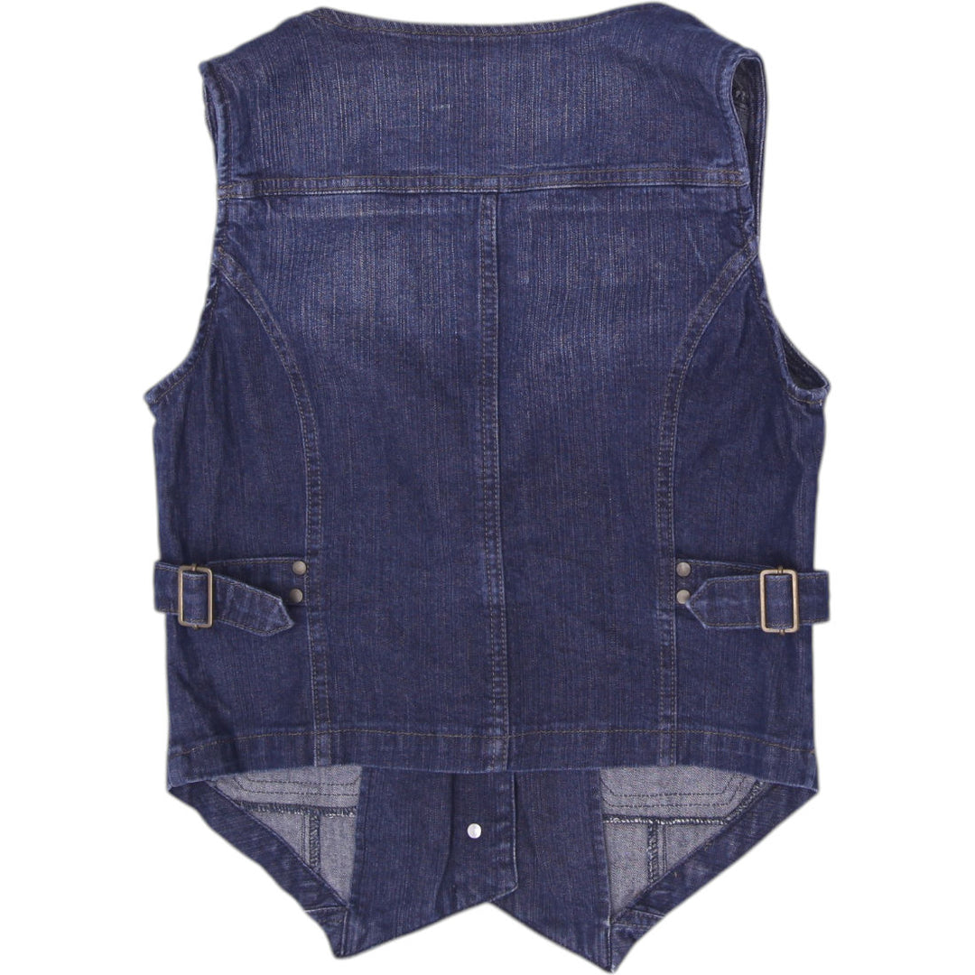 Y2K Ladies REVOLUTION Tailored Dark Wash Denim Waistcoat Vest Brown Trim EU 38