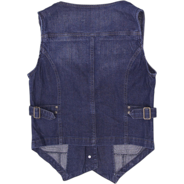 Y2K Ladies REVOLUTION Tailored Dark Wash Denim Waistcoat Vest Brown Trim EU 38