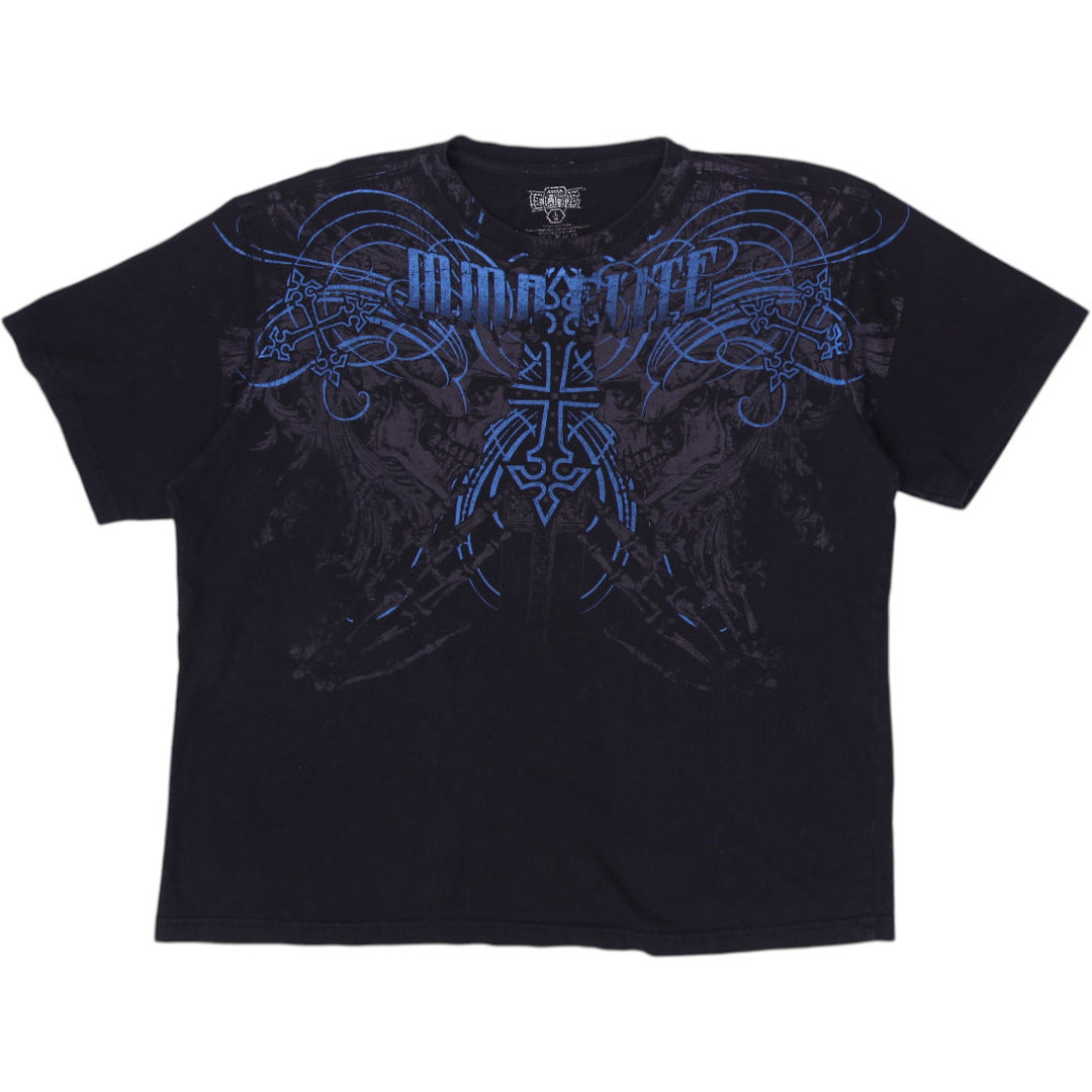 Y2K Mens MMA Elite Black Skulls Cross Tribal Cyber Grunge T-Shirt Size L
