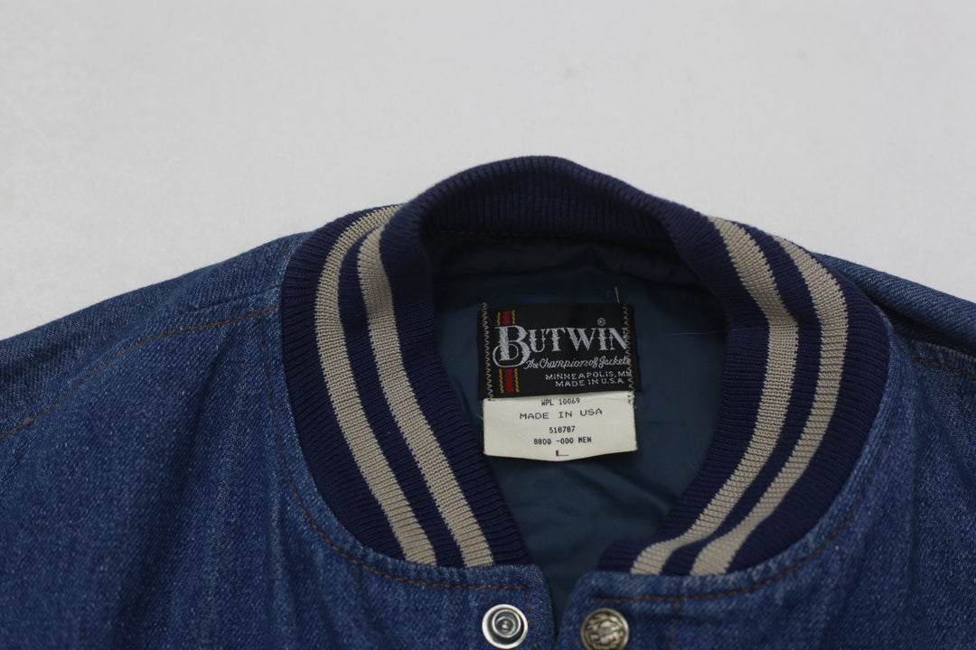 Vintage Butwin Varsity Jacket L 90s Bomber Denim Blue Snap