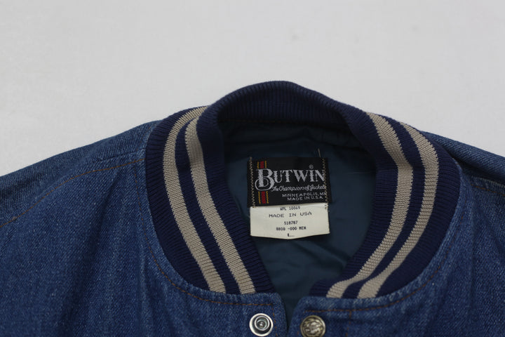 Vintage Butwin Varsity Jacket L 90s Bomber Denim Blue Snap