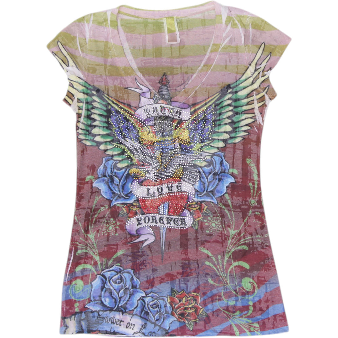 Y2K Ladies Tattoo Graphic Rhinestone Cap Sleeve T-Shirt Made in USA Size M