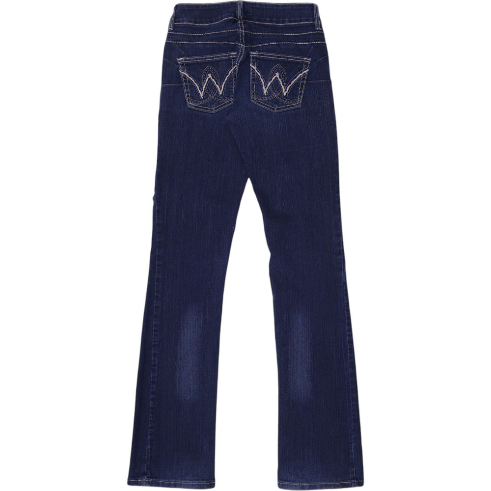 Y2K Ladies Wrangler Dark Blue Bootcut Denim Jeans | Migration_Jeans & Pants - Side View | Fashion Rerun
