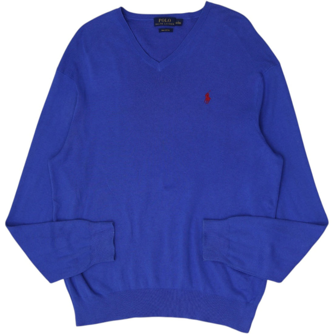 Mens Polo Ralph Lauren Royal Blue 100% Pima Cotton V-Neck Knit Sweater Size L