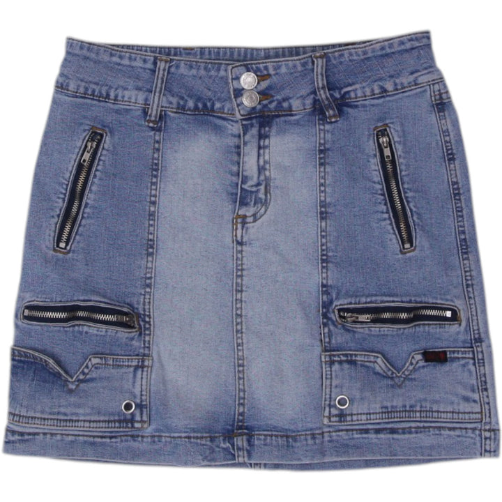 Y2K Ladies Denim Skirt Blue Zipper Pocket Mini Size 7