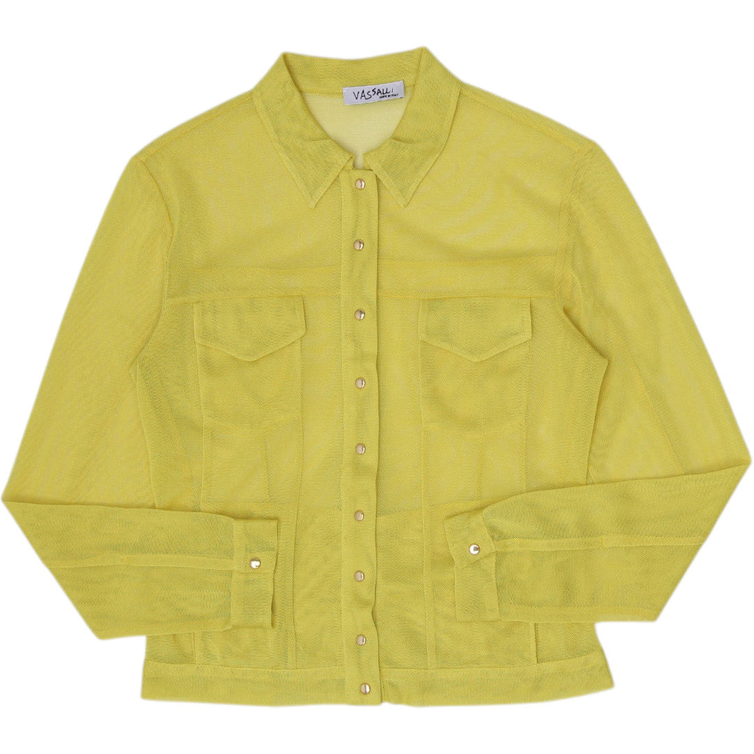 Y2K Ladies Vassalli Made in Italy Yellow Mesh Sheer Button Up Top Size 42