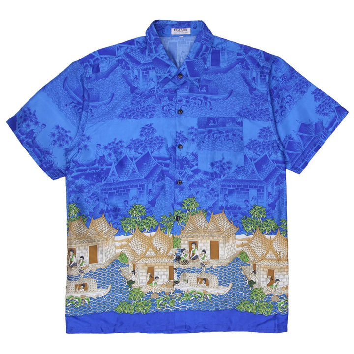 Vintage Mens Thai Silk Short Sleeve Blue Shirt Graphic Pattern | Migration_Shirts | Fashion Rerun