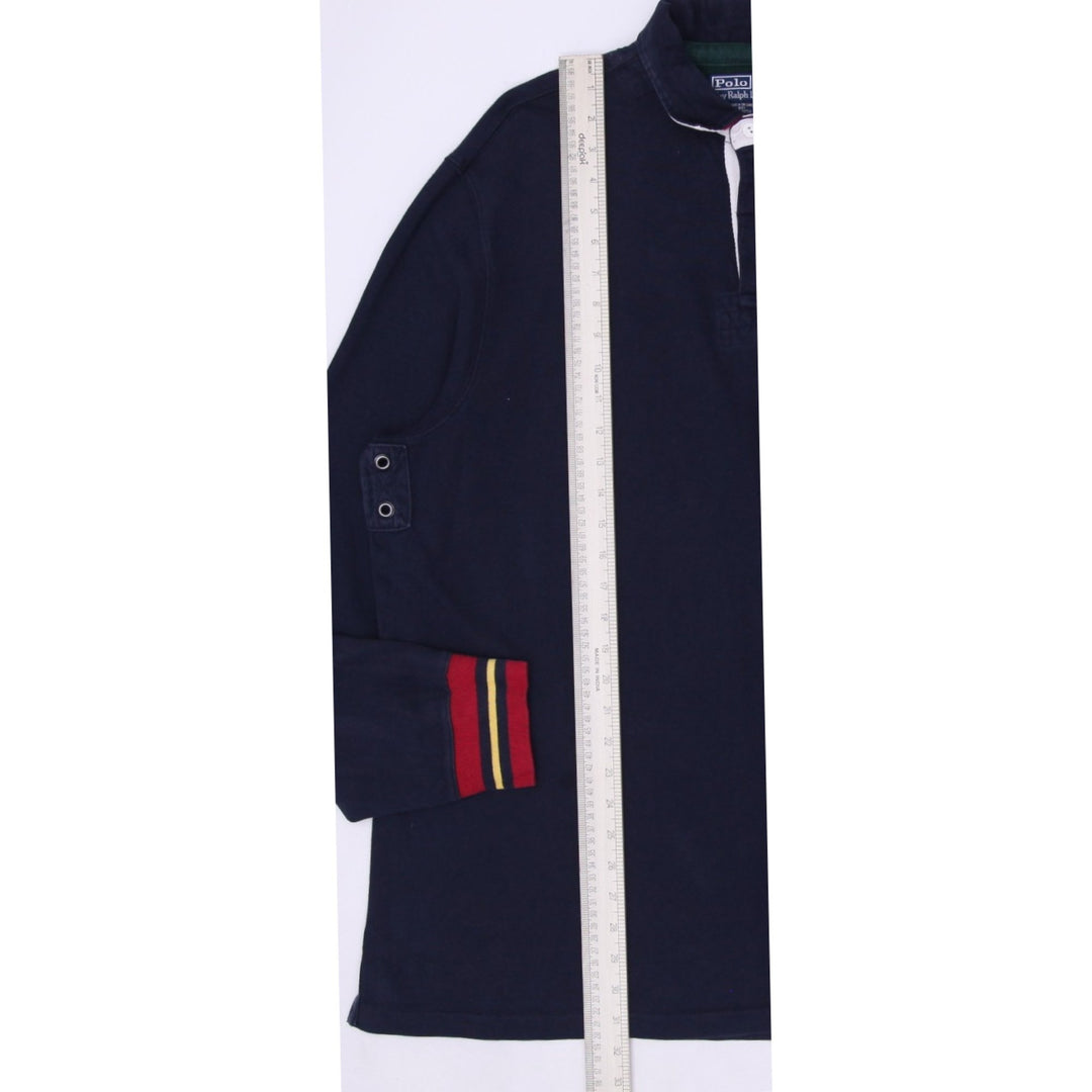 Vintage 90s Polo Ralph Lauren Men's XL Navy Blue Rugby Shirt Lion Crest Patch Long Sleeve