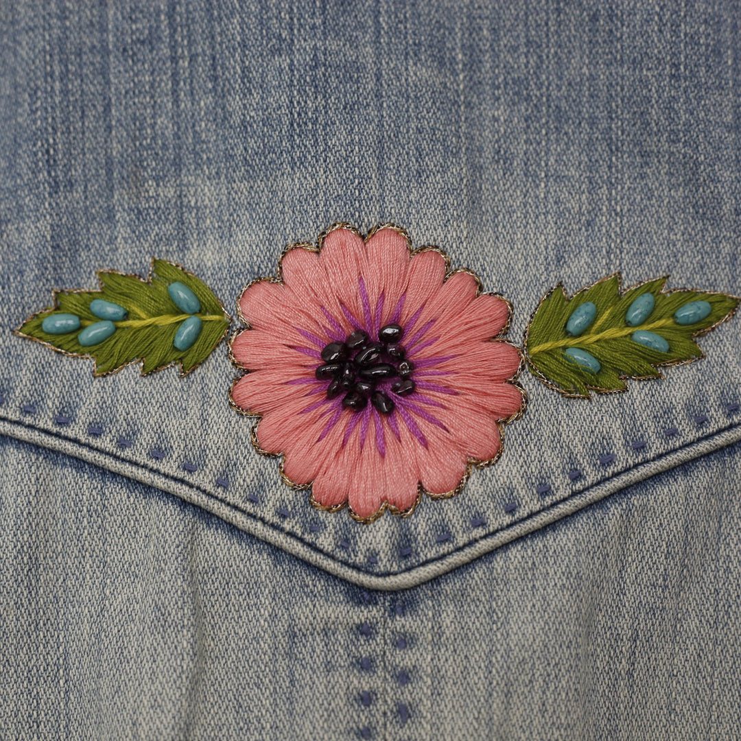 Ladies Dana Buchman Beaded Embroidered Floral Denim Jacket Light Blue Size 14